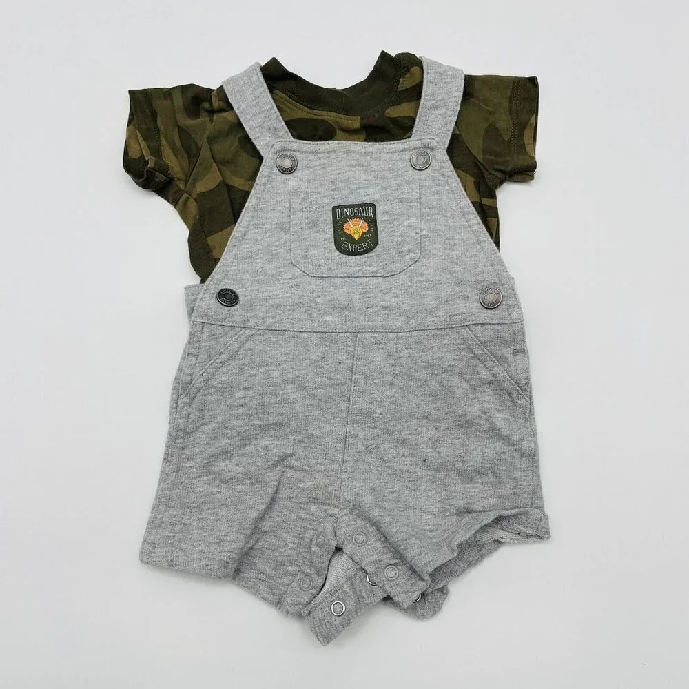 Carters Infant Boys Size 6 Months 2 Piece Dinosaur Expert Overalls Set Gray 1278